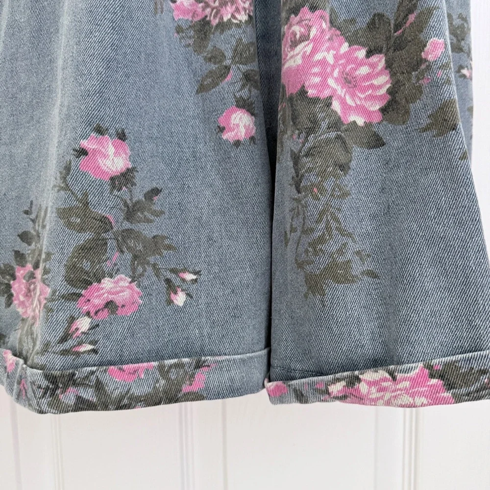 BIB! Floral Denim Shortalls Women XL Blue Pink Rose Print 100% Cotton NWT